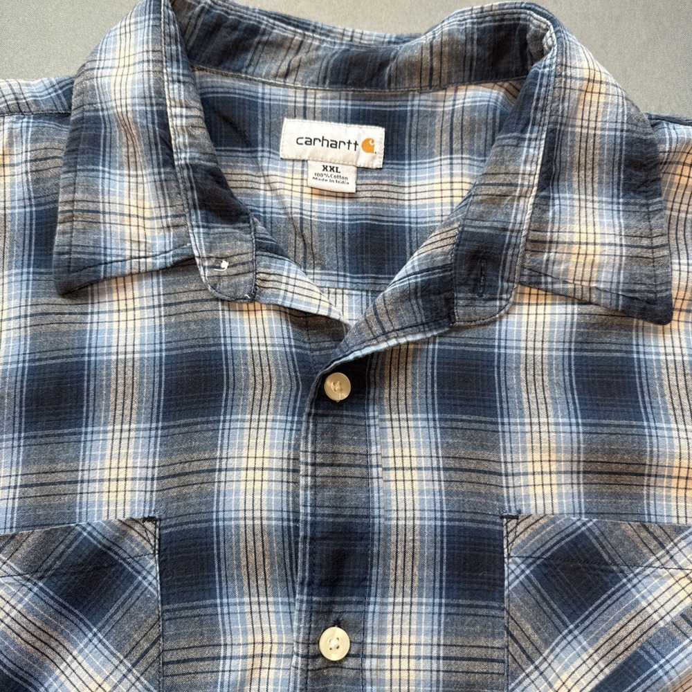 Carhartt Blue Plaid Button Up Work Casual‎ Shirt Long Sleeve Mens Size 2XL XXL